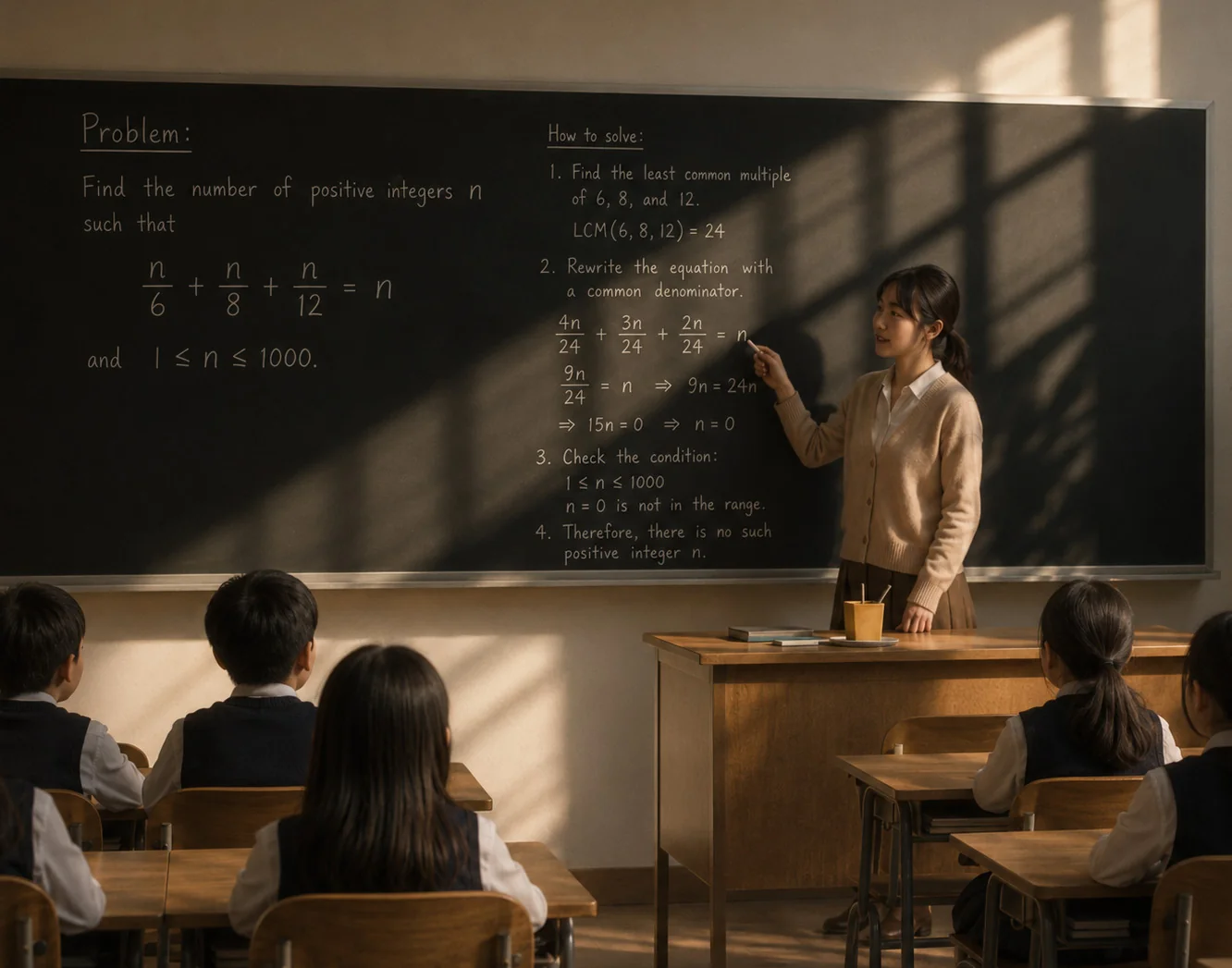 A teacher at a blackboard addressing a classroom of students