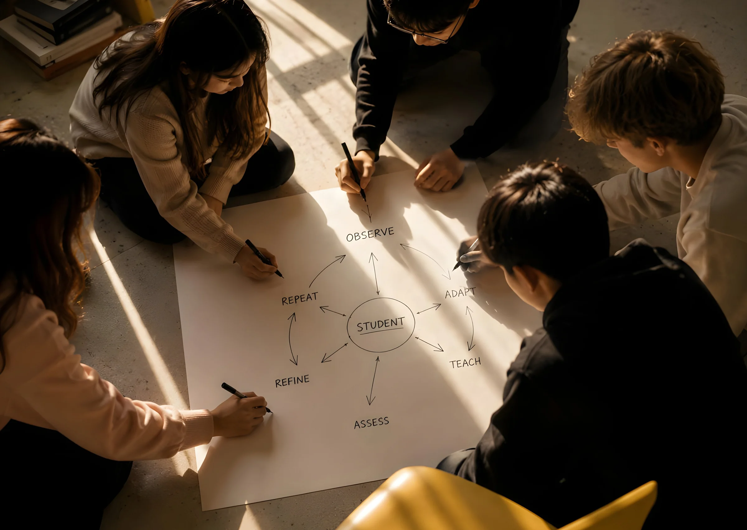 Six students around a large sheet of paper, mapping a teaching cycle